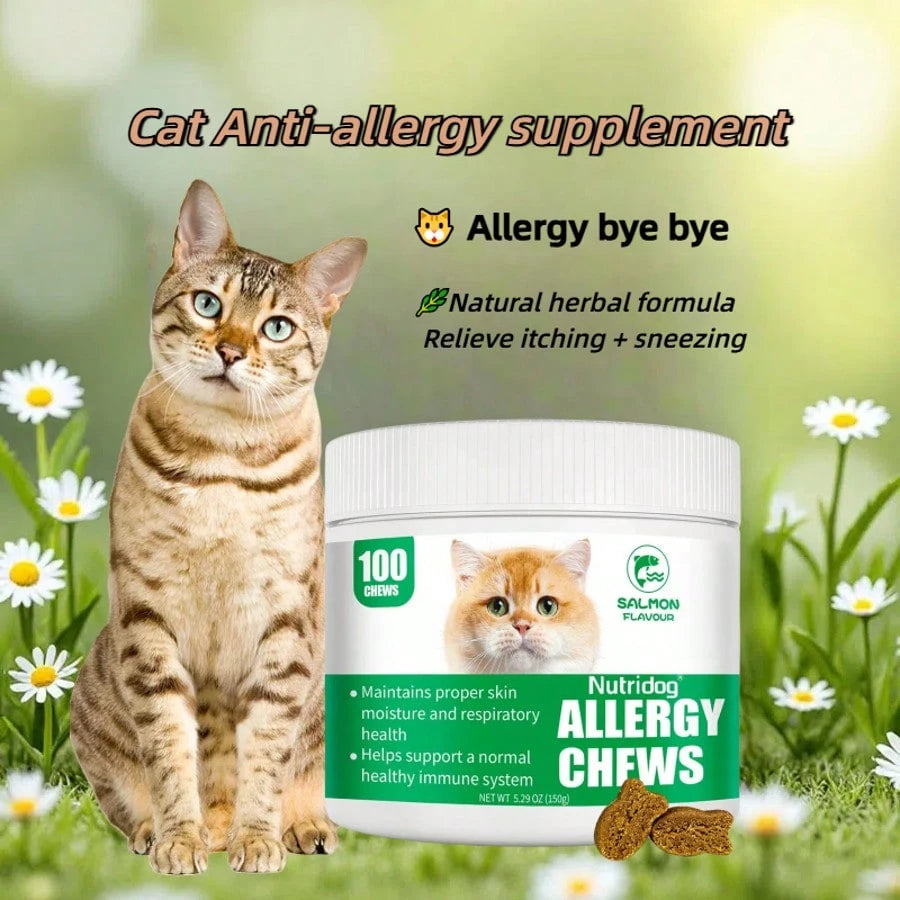 Allergy Relief Chews for Cats – Immune Support with Colostrum, Probiotics & Salmon Oil (100 Count)