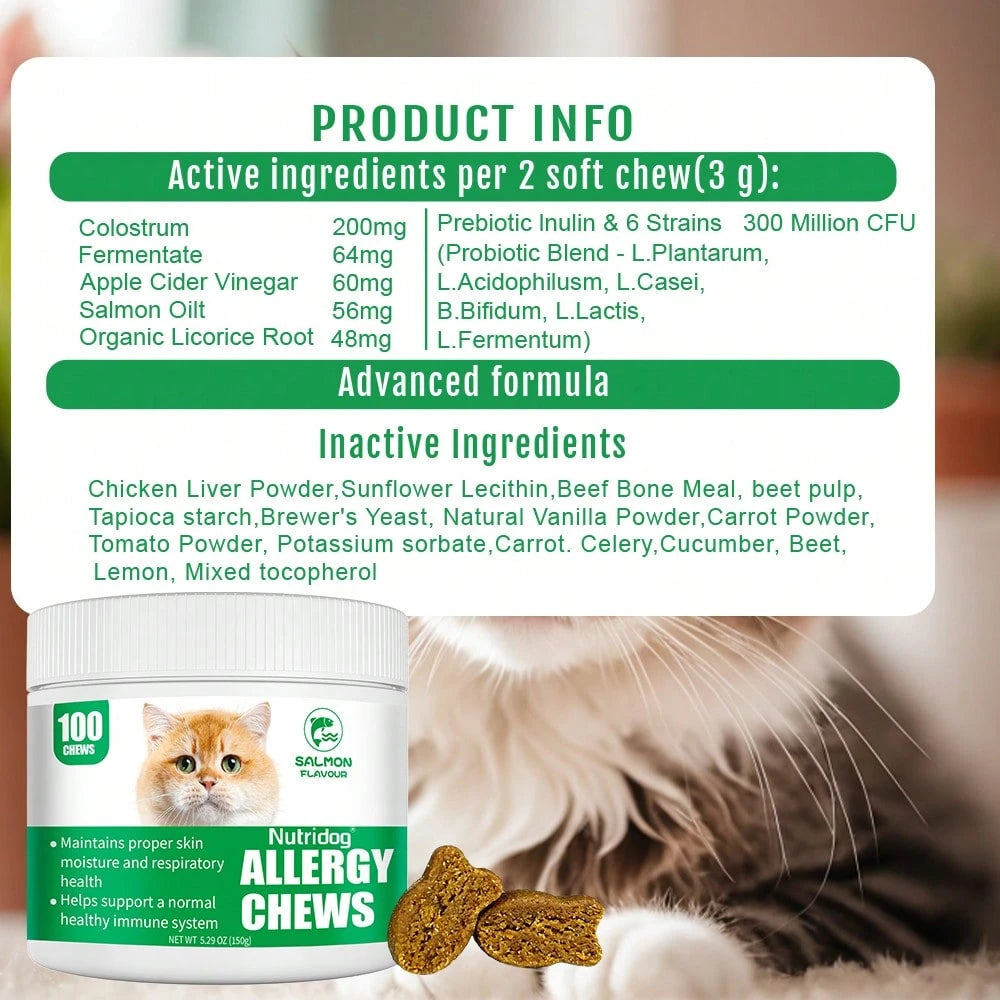 Allergy Relief Chews for Cats – Immune Support with Colostrum, Probiotics & Salmon Oil (100 Count)