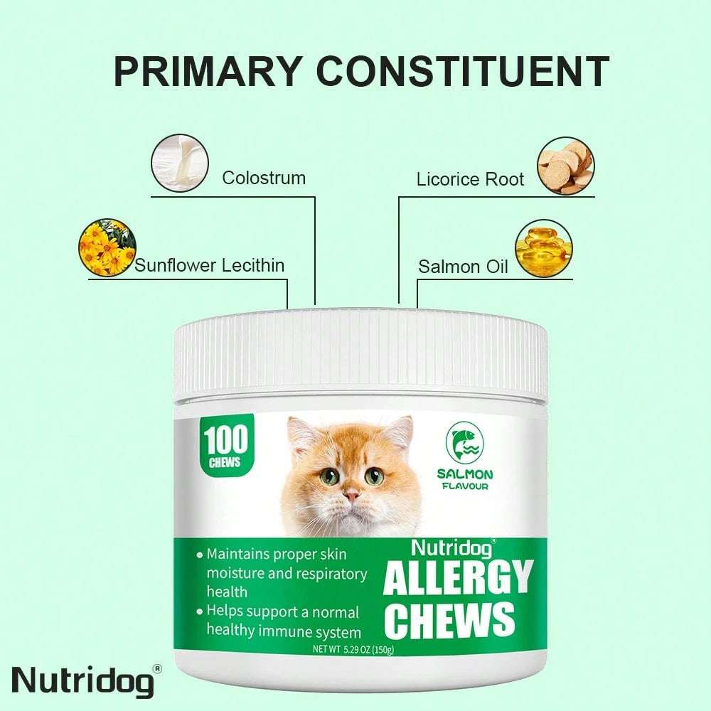 Allergy Relief Chews for Cats – Immune Support with Colostrum, Probiotics & Salmon Oil (100 Count)