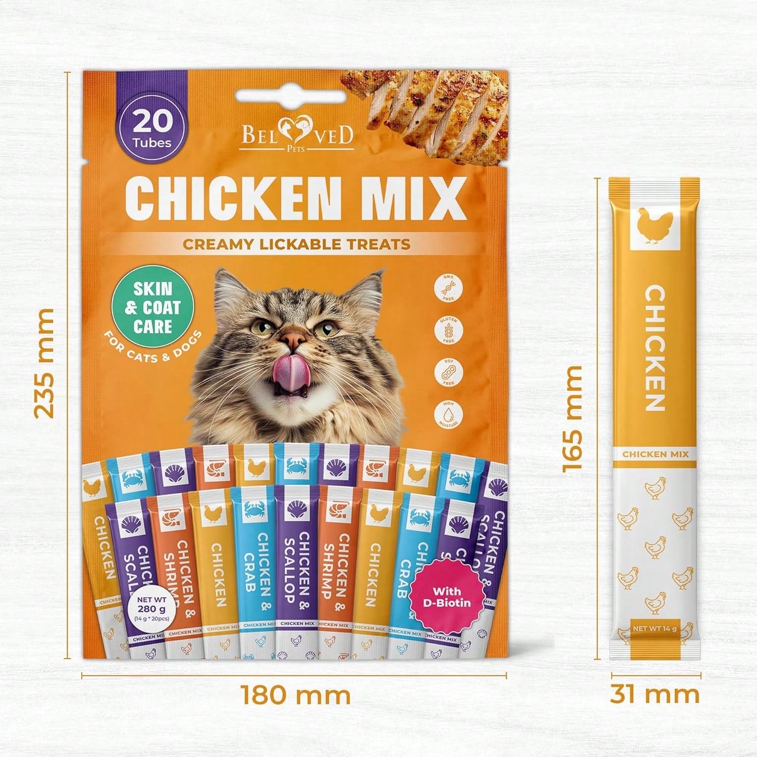 Beloved Pets Creamy Lickable Cat Treats & Wet Food Squeeze Tubes – Chicken Mix Multivitamin Snacks (20 Pack)