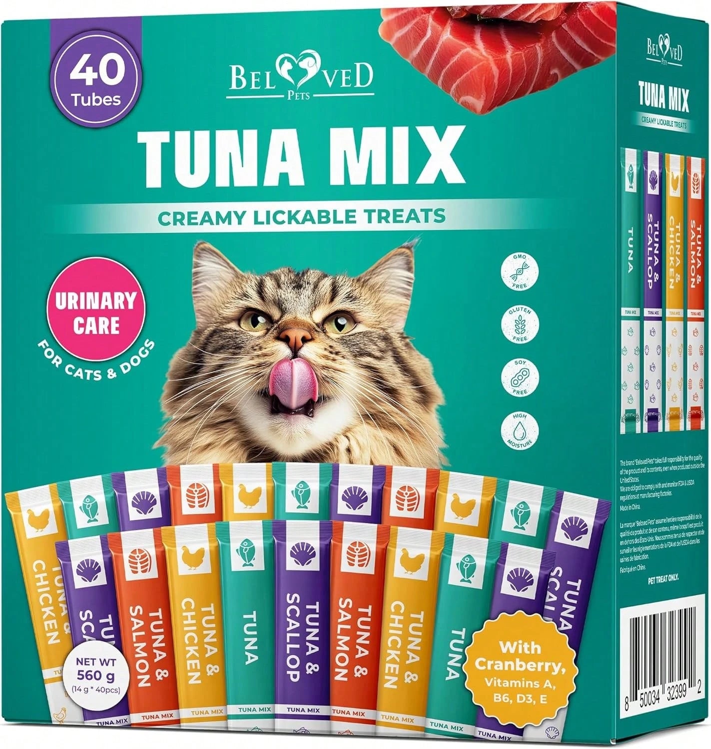 Beloved Pets Creamy Lickable Cat Treats – Tuna Mix Squeeze Tubes (Urinary Support & Multivitamin, 40 Pack