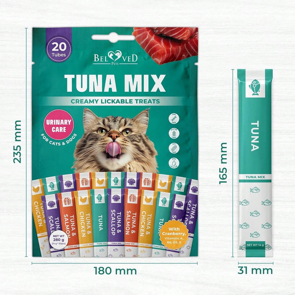 Beloved Pets Creamy Lickable Cat Treats – Tuna Mix Squeeze Tubes (Urinary Support & Multivitamin, 40 Pack