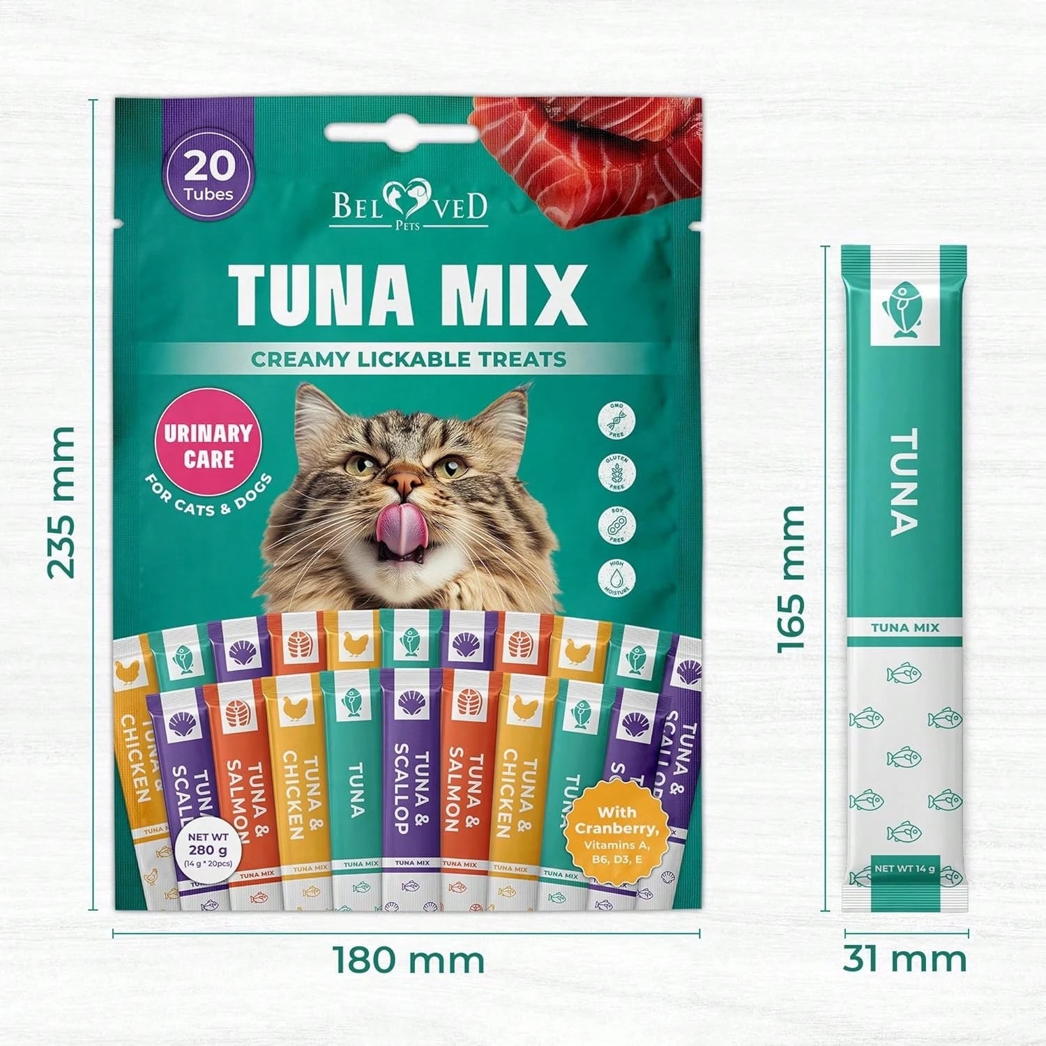 Beloved Pets Creamy Lickable Cat Treats – Tuna Mix Squeeze Tubes (Urinary Support & Multivitamin, 40 Pack
