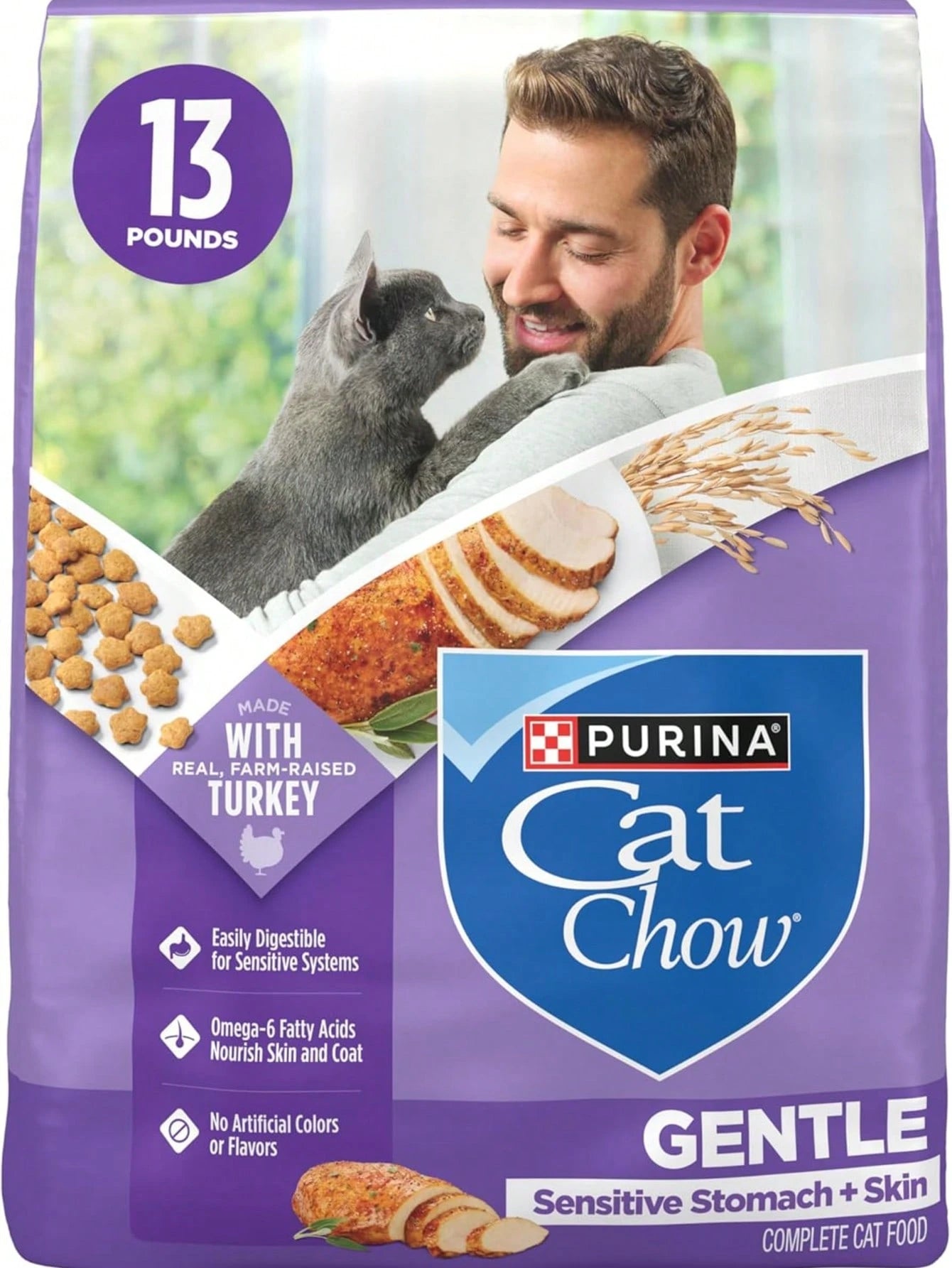 Cat Chow Gentle Sensitive Stomach & Skin Dry Cat Food with Turkey – 13 lb Bag