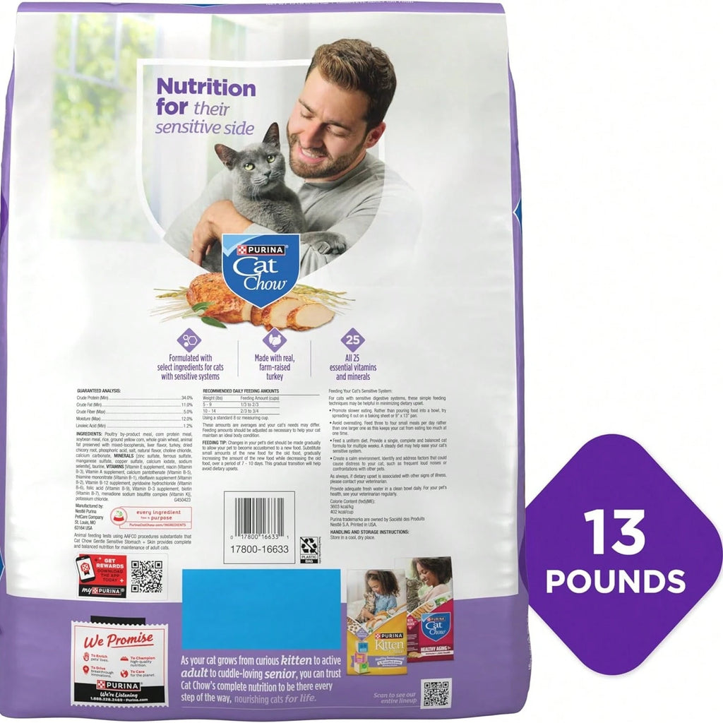 Cat Chow Gentle Sensitive Stomach & Skin Dry Cat Food with Turkey – 13 lb Bag