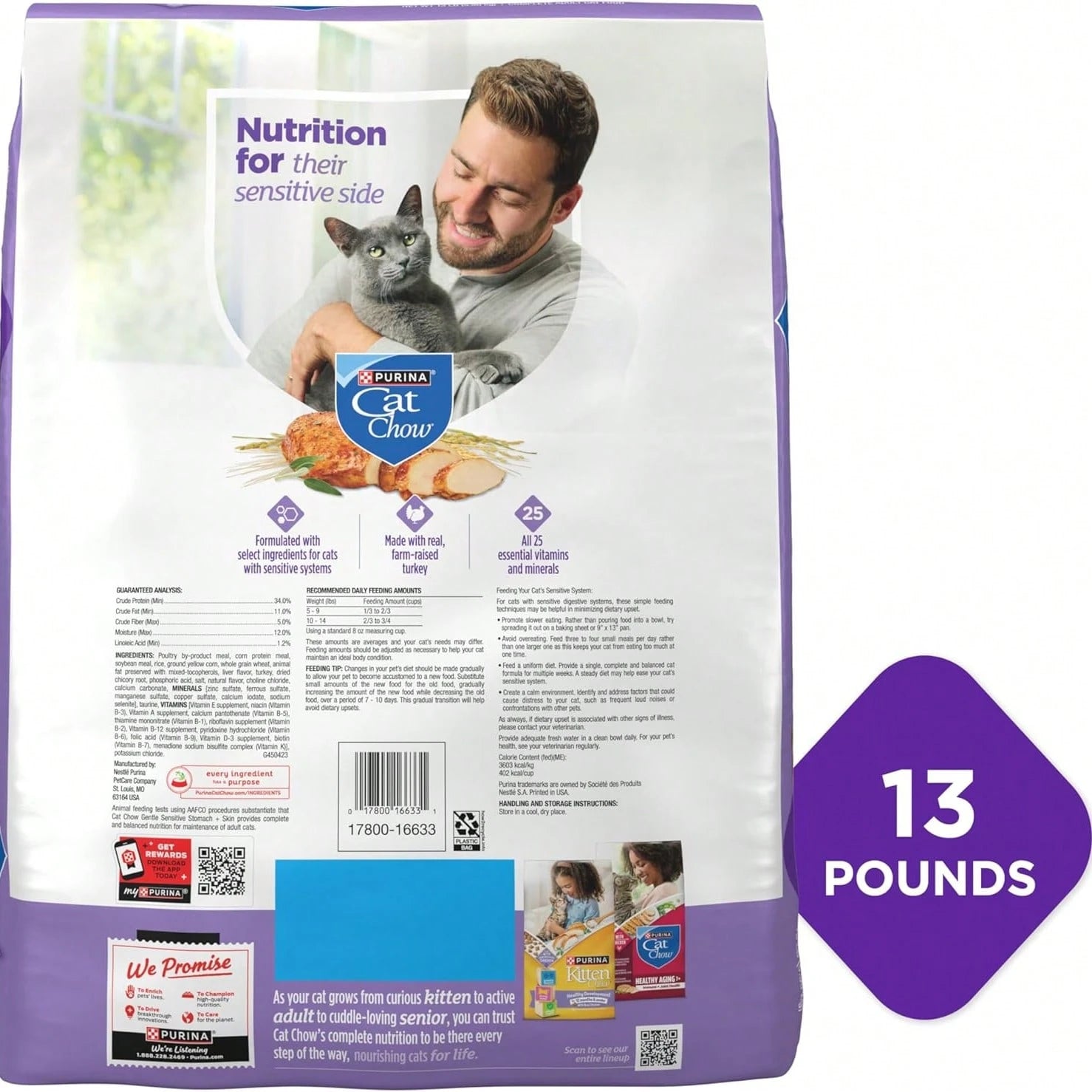 Cat Chow Gentle Sensitive Stomach & Skin Dry Cat Food with Turkey – 13 lb Bag
