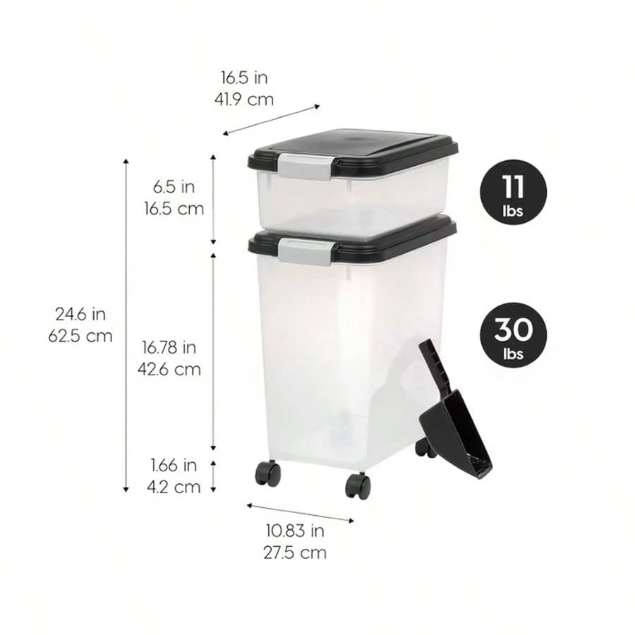 Airtight Stackable Dog & Cat Food Storage Container – 10 lb & 30 lb Sizes with Wheels & Treat Container