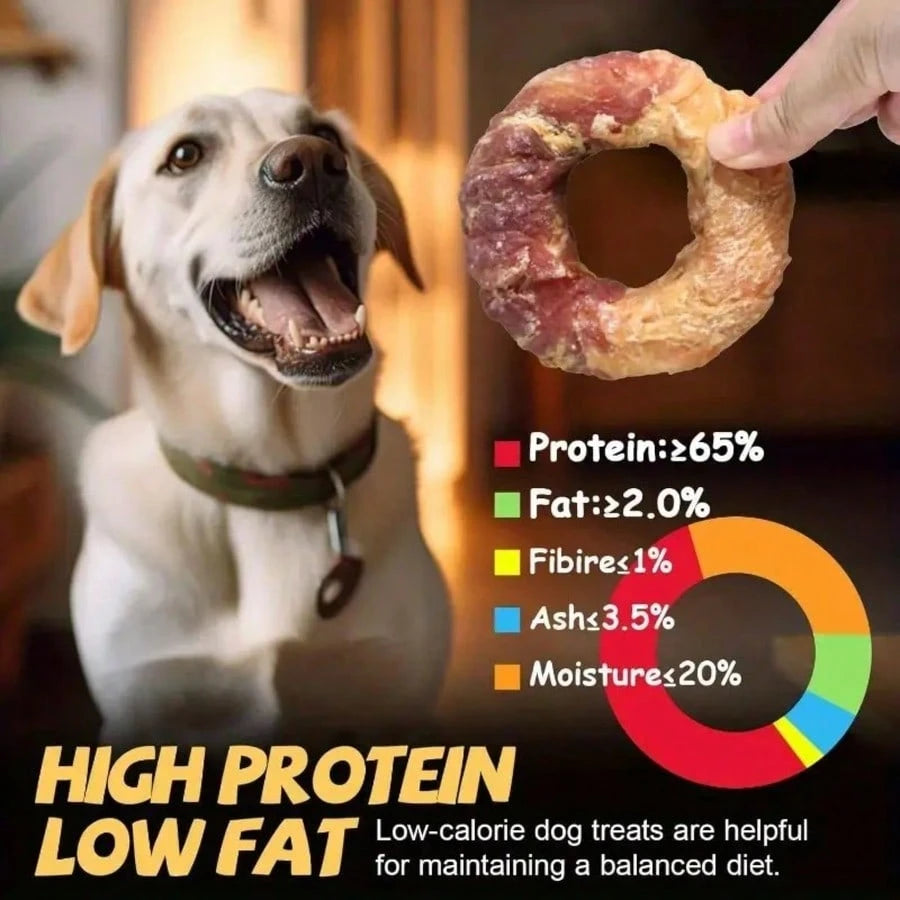 5-Inch Chicken & Duck Wrapped Rawhide Donut Dog Chews – Long-Lasting High Protein Treats for Medium & Large Dogs