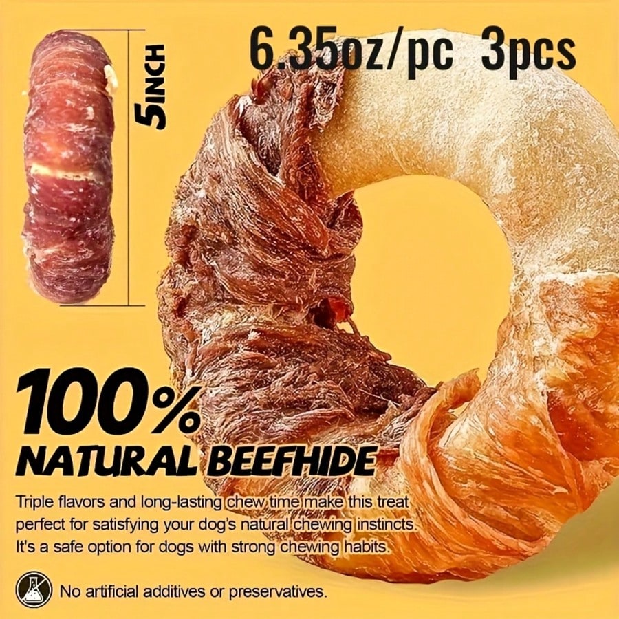 5-Inch Chicken & Duck Wrapped Rawhide Donut Dog Chews – Long-Lasting High Protein Treats for Medium & Large Dogs