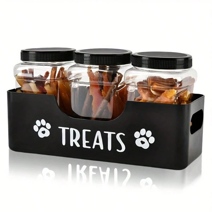3-Piece Airtight Pet Treat Container Set – Durable Plastic Snack Jars for Dogs & Cats (Rustic Style Storage)
