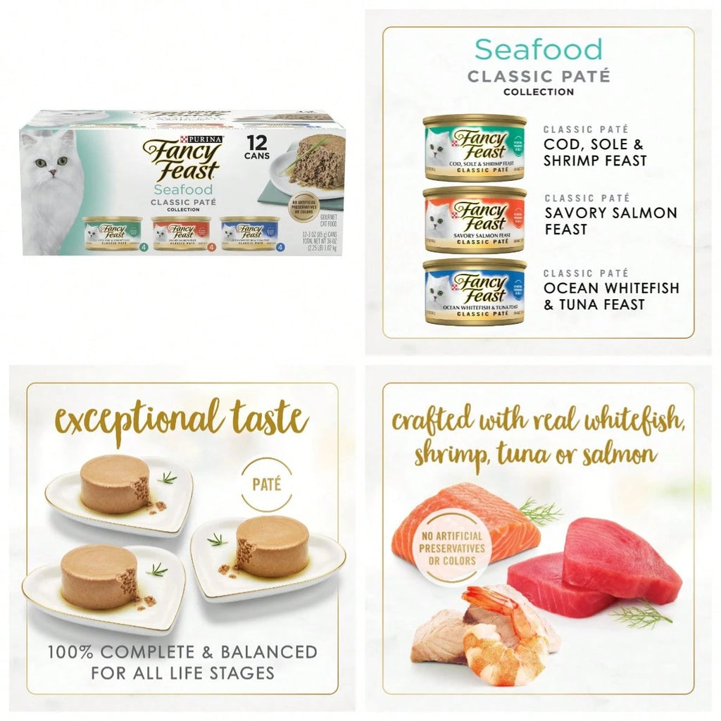 Fancy Feast Seafood Classic Pate Collection Grain-Free Wet Cat Food Variety Pack – 3 oz Cans (12 Pack)