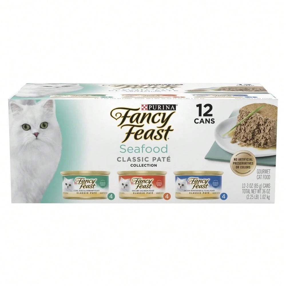 Fancy Feast Seafood Classic Pate Collection Grain-Free Wet Cat Food Variety Pack – 3 oz Cans (12 Pack)