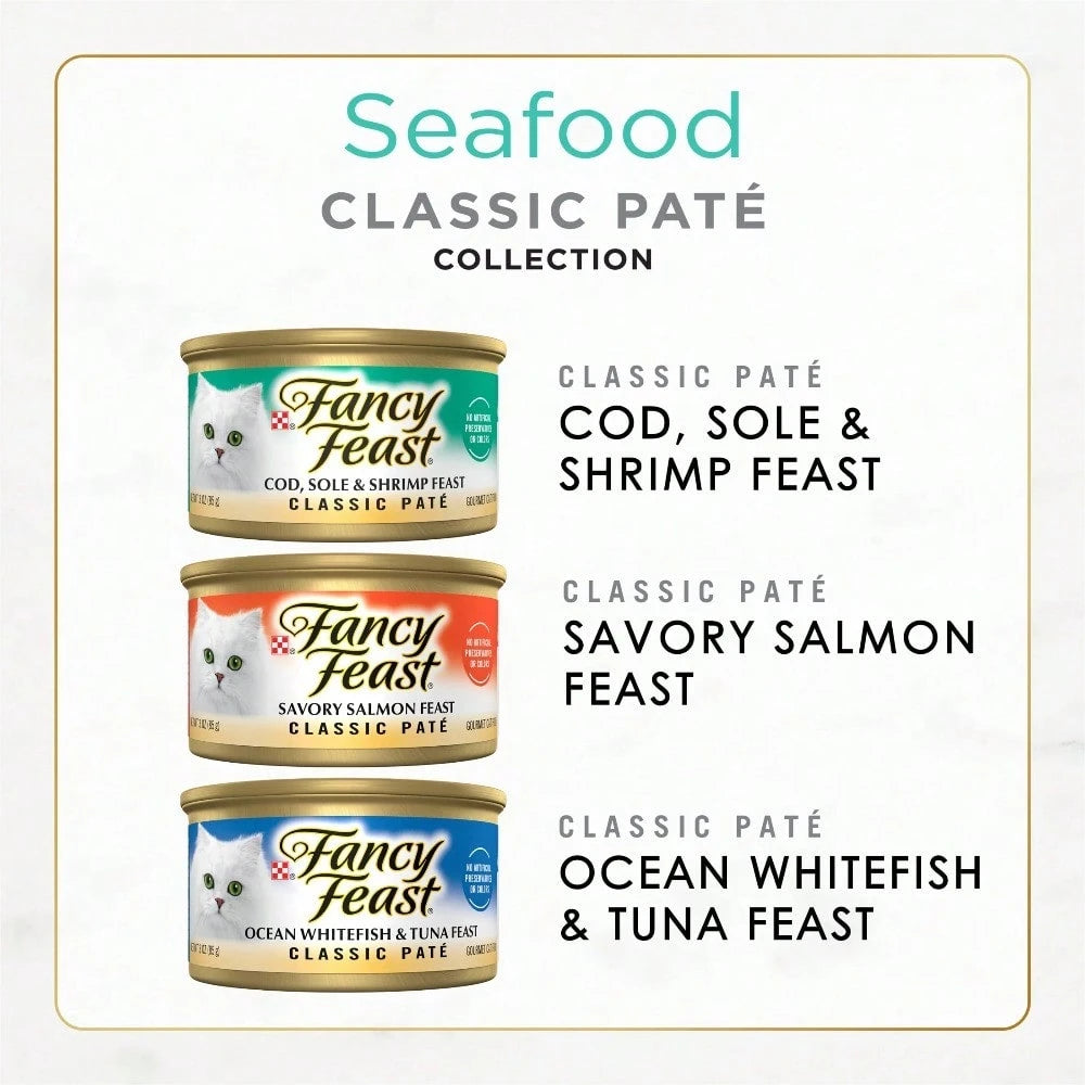 Fancy Feast Seafood Classic Pate Collection Grain-Free Wet Cat Food Variety Pack – 3 oz Cans (12 Pack)