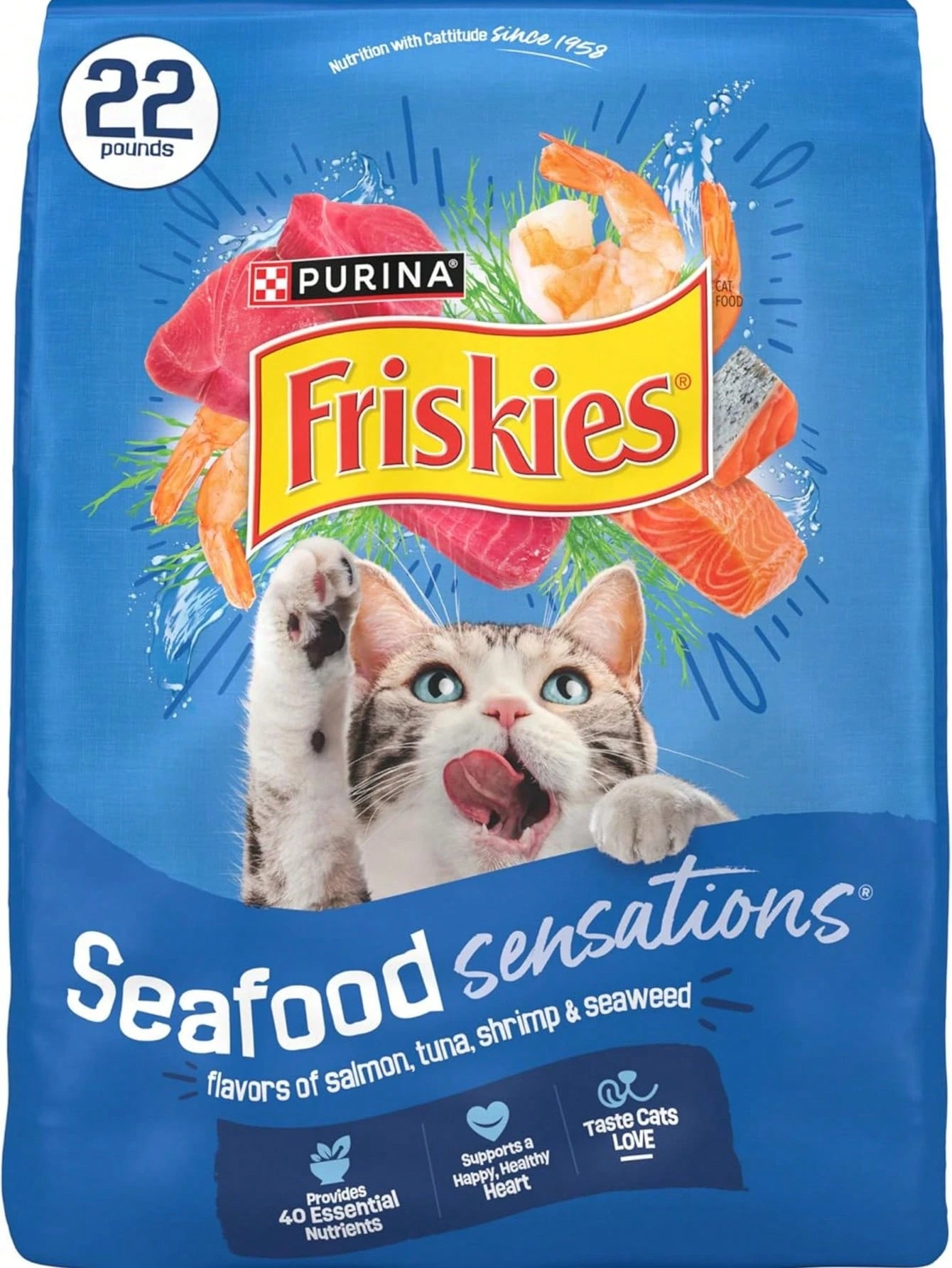 Friskies Seafood Sensations Dry Cat Food – Salmon, Tuna & Shrimp Flavors, 22 lb Bag