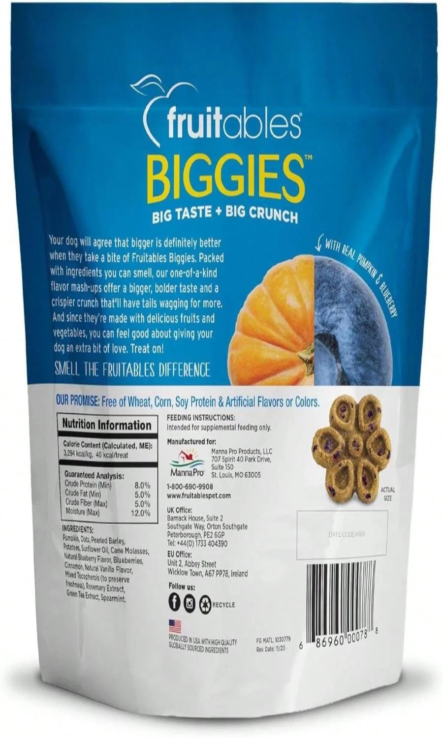 Fruitables Biggies Dog Biscuits – Crispy Apple & Bacon Pumpkin Crunch Treats (16 oz, Wheat-Free)