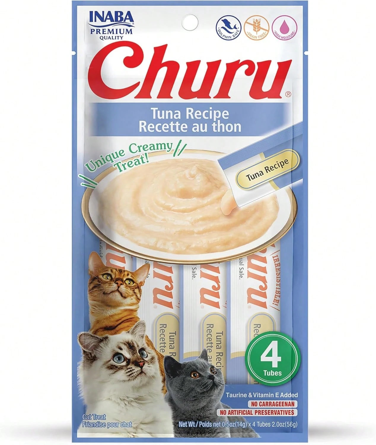 INABA Churu Lickable Cat Treats – Tuna Recipe Creamy Purée (4 Tube Pack)