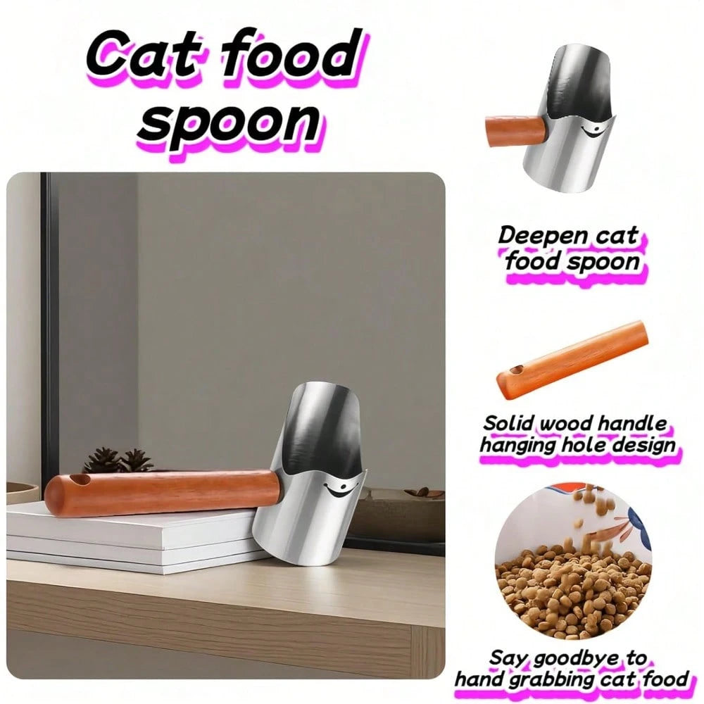 Multi-Pet Food Scoop – Carbon Steel Measuring Scoop with Wooden Handle for Dogs, Cats, Birds & Rabbits