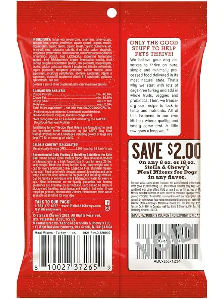 Stella & Chewy’s Freeze-Dried Tantalizing Turkey Meal Mixers – Dog Food Topper (95% Turkey, Organs & Bone, 18 oz)